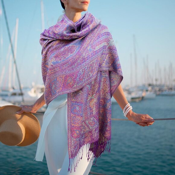 Metallic Weave Paisley Purple Pashmina Style Boho Bohemian Vibe Scarf Shawl - Picture 1 of 4